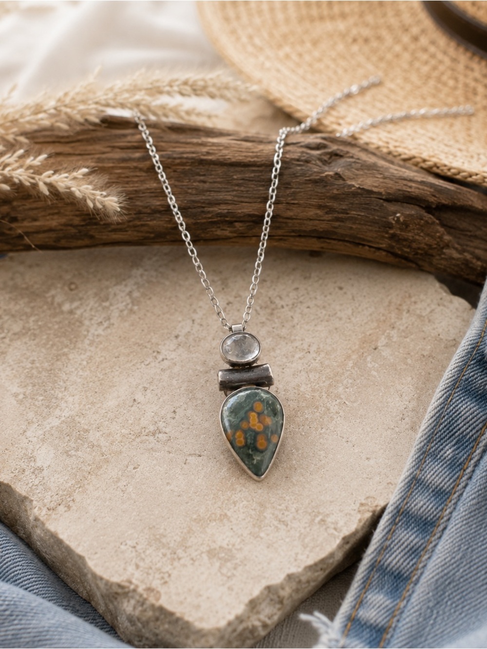 Handcrafted Teardrop  Ocean  Jasper Pendant Necklace - Green and Orange